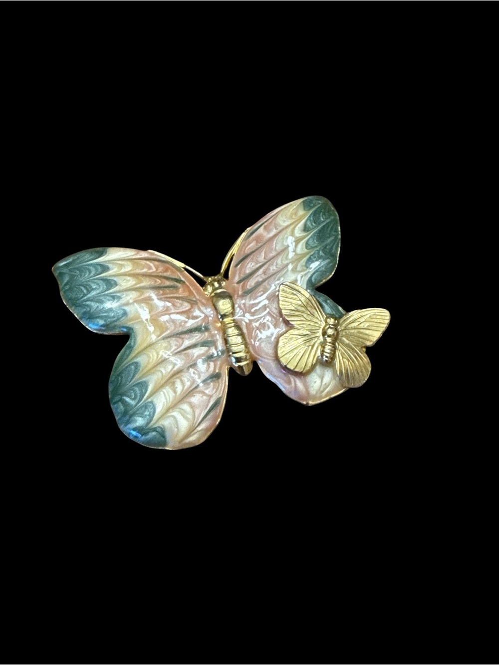 Vintage Pastel Enamel Double Butterfly Brooch Pin Gold Tone Pink Teal